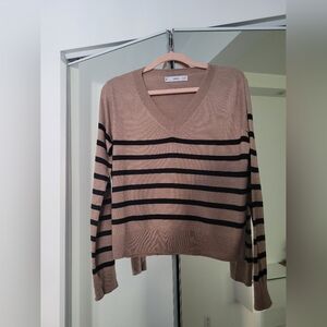 Mango Tan and Black Striped V-Neck Sweater